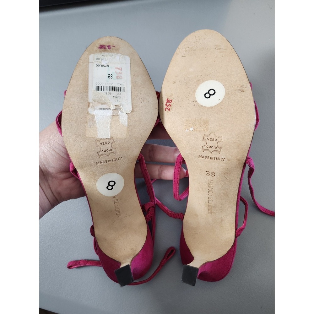 Manolo Blahnik Pink Suede Lace-Up Stiletto Sandals Strappy Wrap Heels Size 38/8 - Picture 5 of 8